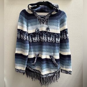 Blue and White Alpaca Hooded Sweater with Fringe